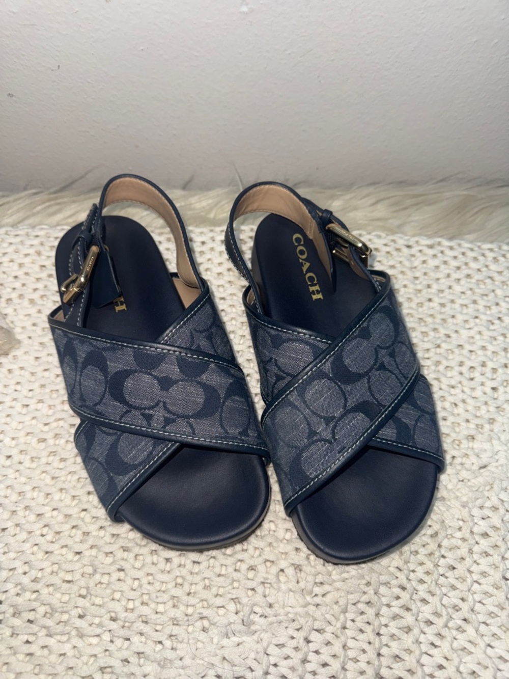 Coach Navy Signature Crossband Slingback Sandals with Gold Buckle